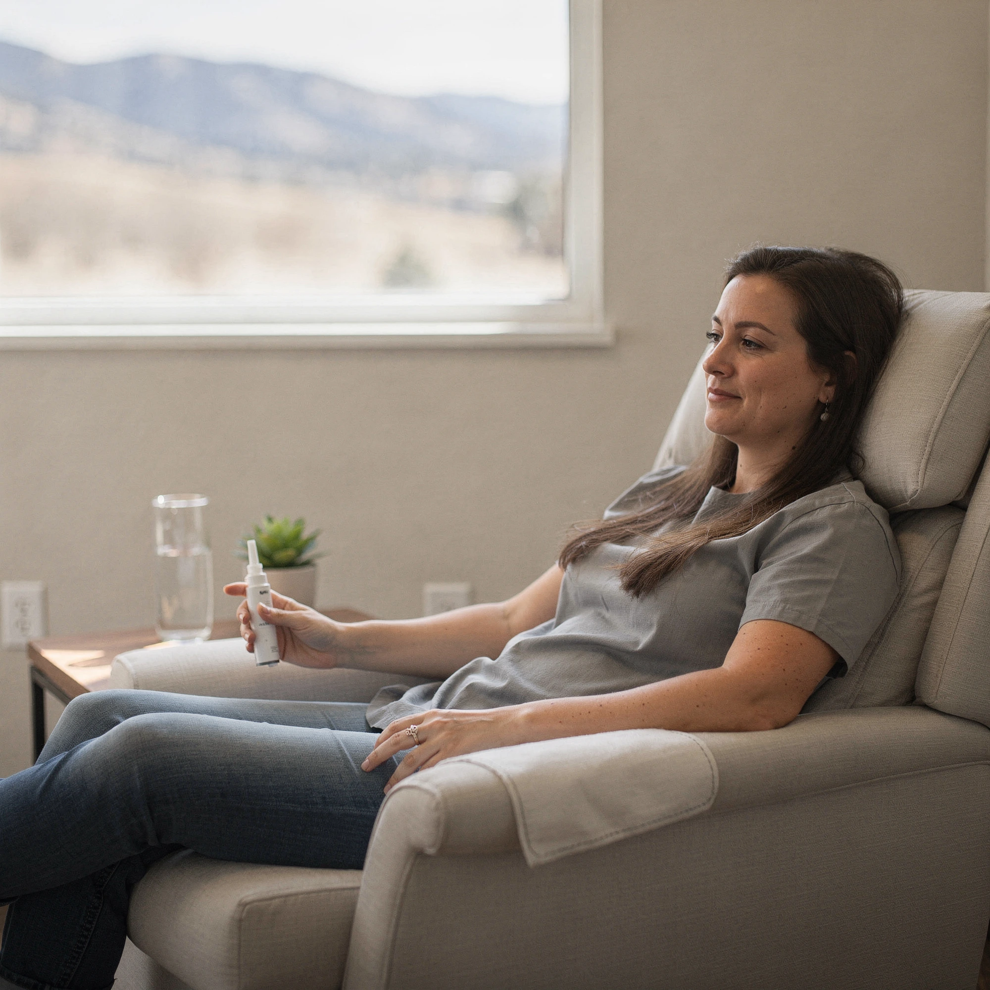Patient relaxing in a comfortable chair during Spravato treatment at Myndful Wellness, holding a nasal applicator with mountain views visible through the window